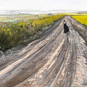 The Road She Chose, original acrylic + marker figurative prairie landscape painting by Canadian artist Michaela Hoppe at Effusion Art Gallery in Invermere, BC.