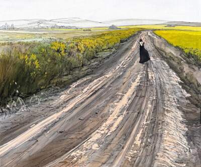 The Road She Chose, original acrylic + marker figurative prairie landscape painting by Canadian artist Michaela Hoppe at Effusion Art Gallery in Invermere, BC.