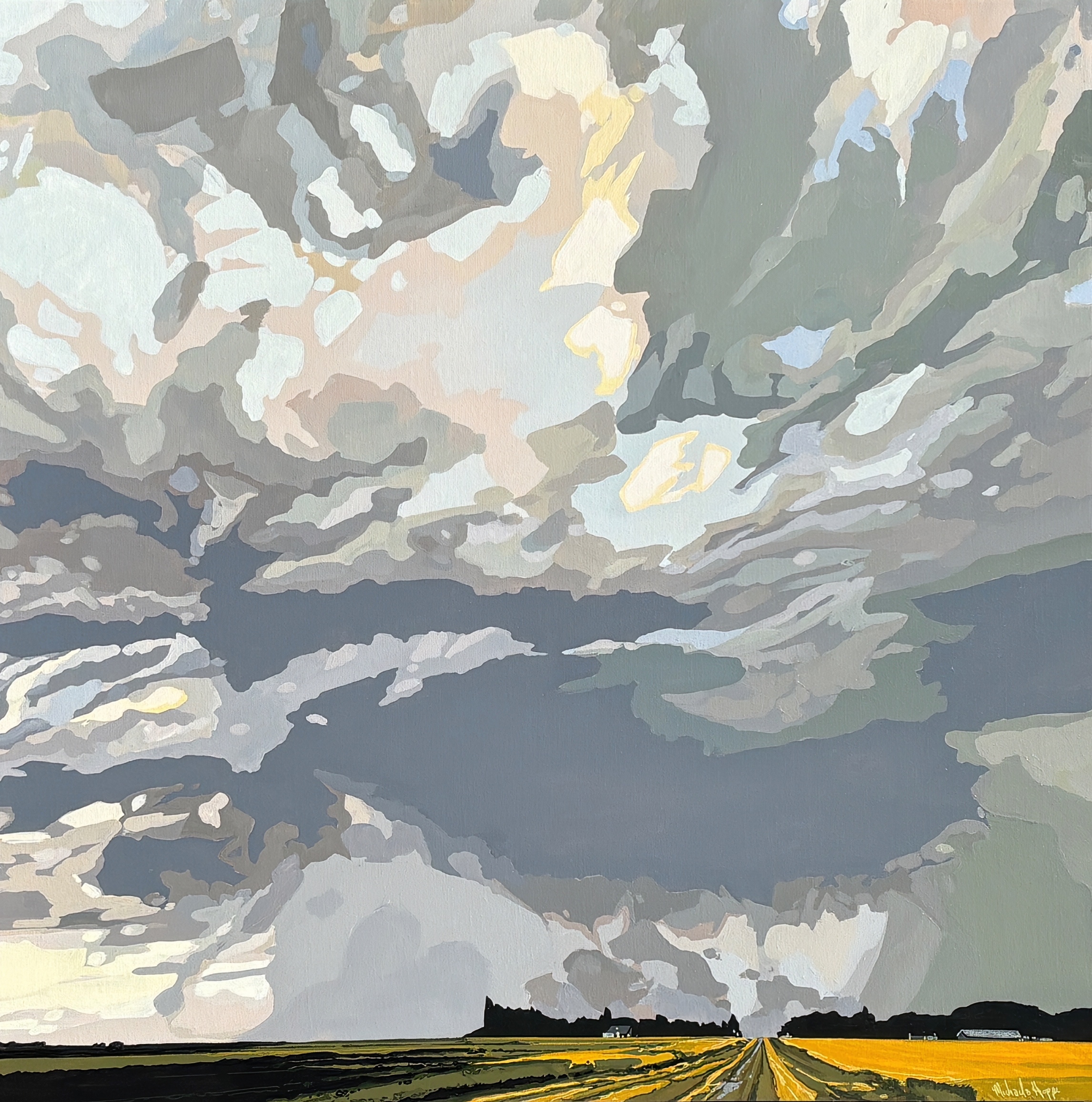 Yellow Fields, Gathering Grey, original acrylic prairie landscape painting by Canadian artist Michaela Hoppe at Effusion Art Gallery in Invermere, BC.