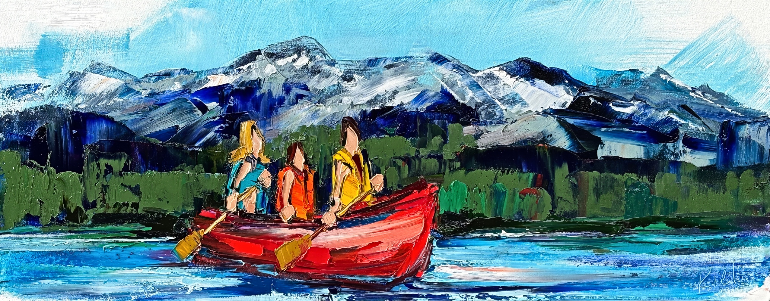 As They Pass Through 1, original oil canoe painting by Canadian artist Kimberly Kiel at Effusion Art Gallery in Invermere, BC.