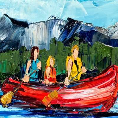 Ever and Again, original oil canoe painting by Canadian artist Kimberly Kiel at Effusion Art Gallery in Invermere, BC.