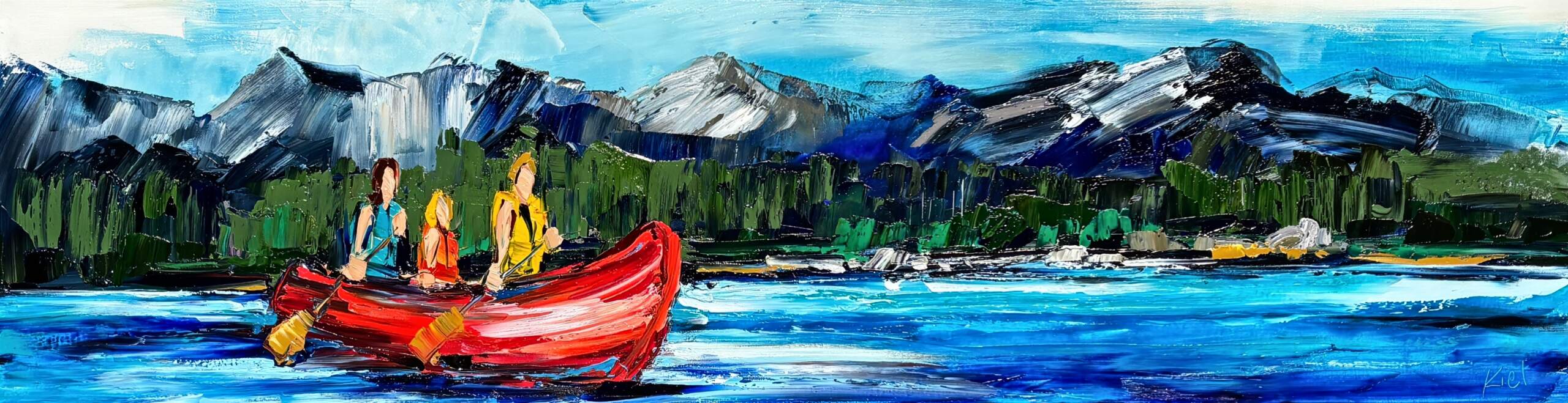 Ever and Again, original oil canoe painting by Canadian artist Kimberly Kiel at Effusion Art Gallery in Invermere, BC.