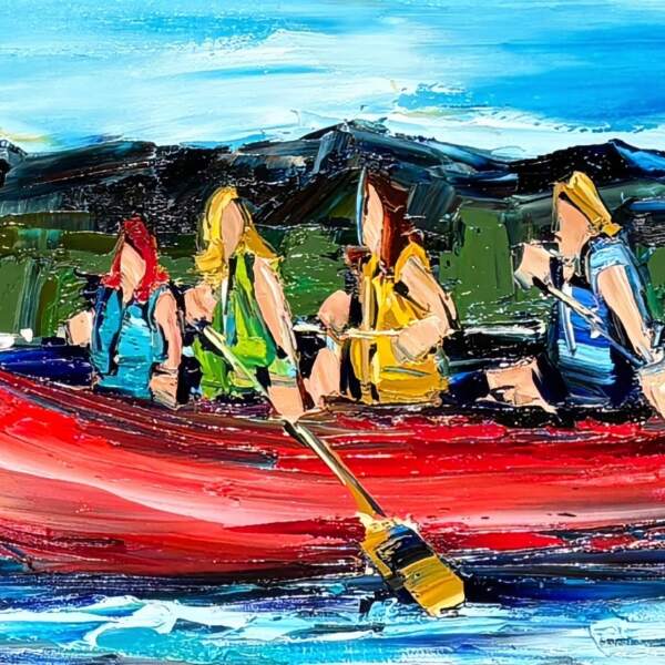 Wandering, original oil canoe painting by Canadian artist Kimberly Kiel at Effusion Art Gallery in Invermere, BC.