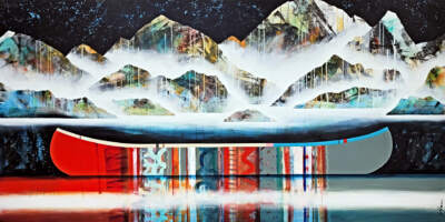 Le grand départ, original mixed media canoe and mountain painting by Canadian artist Sylvain Leblanc at Effusion Art Gallery in Invermere, BC.