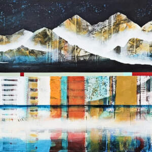 À deux c'est mieux, original mixed media canoe and mountain painting by Canadian artist Sylvain Leblanc at Effusion Art Gallery in Invermere, BC.