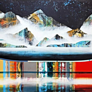 Je t'écrirai bientôt, original mixed media canoe and mountain painting by Canadian artist Sylvain Leblanc at Effusion Art Gallery in Invermere, BC.