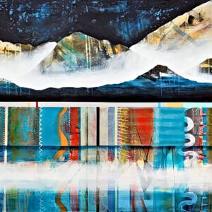 Toujours surpris, original mixed media canoe and mountain painting by Canadian artist Sylvain Leblanc at Effusion Art Gallery in Invermere, BC.