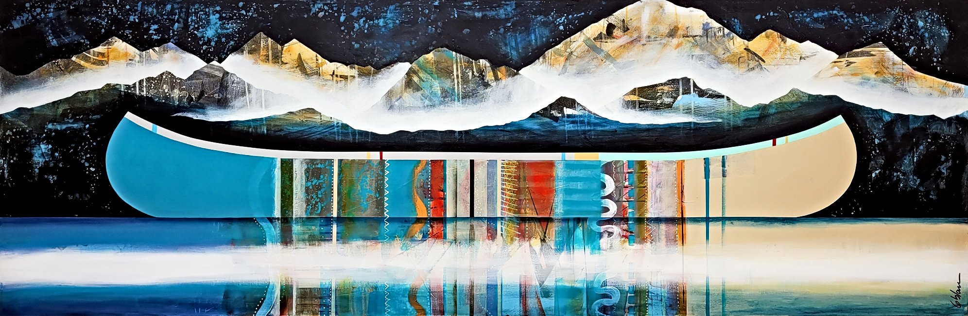 Toujours surpris, original mixed media canoe and mountain painting by Canadian artist Sylvain Leblanc at Effusion Art Gallery in Invermere, BC.