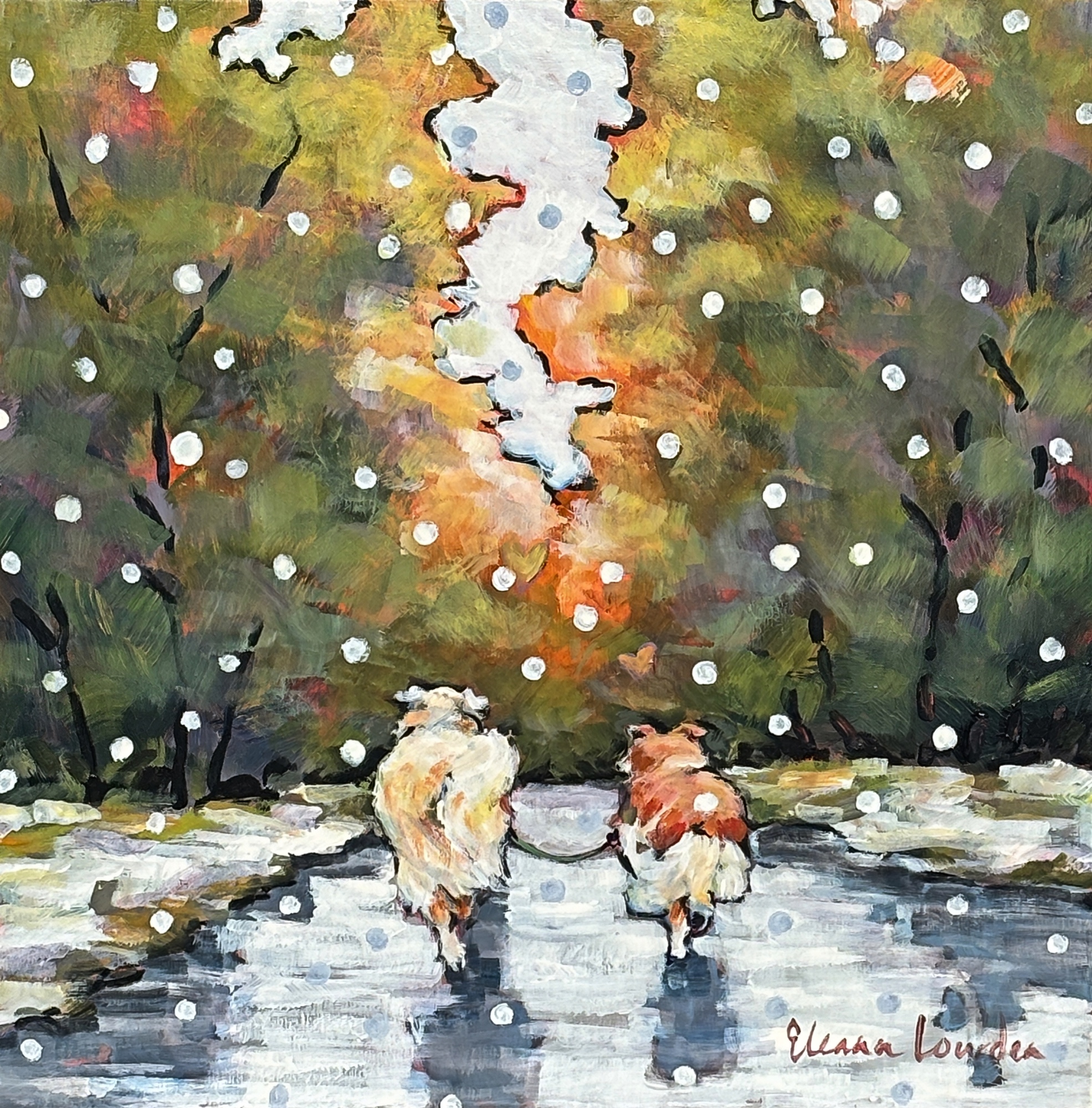 Soba + Darin, original acrylic painting of two husky-mix dogs walking together into the trees by Canadian artist Eleanor Lowden at Effusion Art Gallery in Invermere, BC.