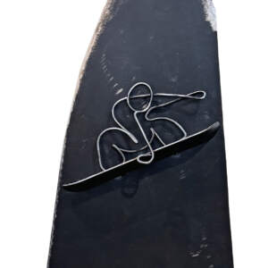 Mountain Synergy 2, original metal snowboarder + mountain sculpture by Canadian artist Paul Reimer at Effusion Art Gallery in Invermere, BC.