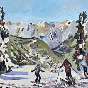 Le coeur dévale la montagne, original oil ski and snowboard painting by Canadian artist Robert Roy at Effusion Art Gallery in Invermere, BC.