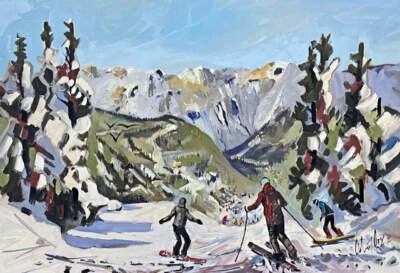 Le coeur dévale la montagne, original oil ski and snowboard painting by Canadian artist Robert Roy at Effusion Art Gallery in Invermere, BC.