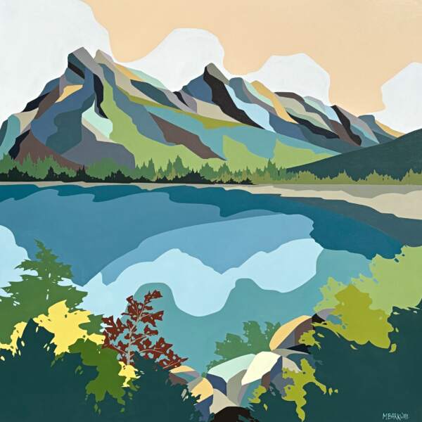 Rocky Mountain Morning, original acrylic painting of Mount Rundle and Vermillion lakes by Canadian artist Michelle Barkway at Effusion Art Gallery in Invermere, BC.