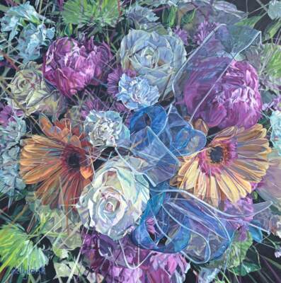 Celebration, original acrylic painting of a bouquet of flowers with sheer blue ribbon by Canadian artist Keith Dalgleish at Effusion Art Gallery in Invermere, BC.