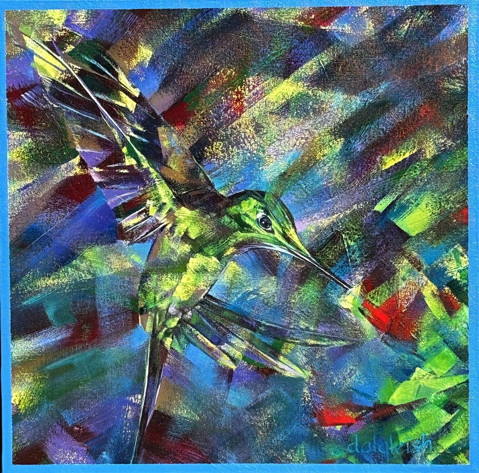 Perfect Find, original acrylic painting of an Empress Brilliant hummingbird by Canadian artist Keith Dalgleish at Effusion Art Gallery in Invermere, BC.